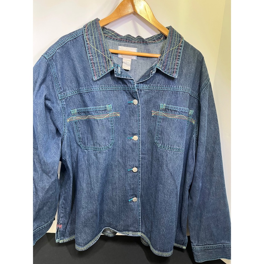 Capistrano Jeans Vintage Y2K Dark Wash Denim Jacket Rainbow Stitch Plus Size 26